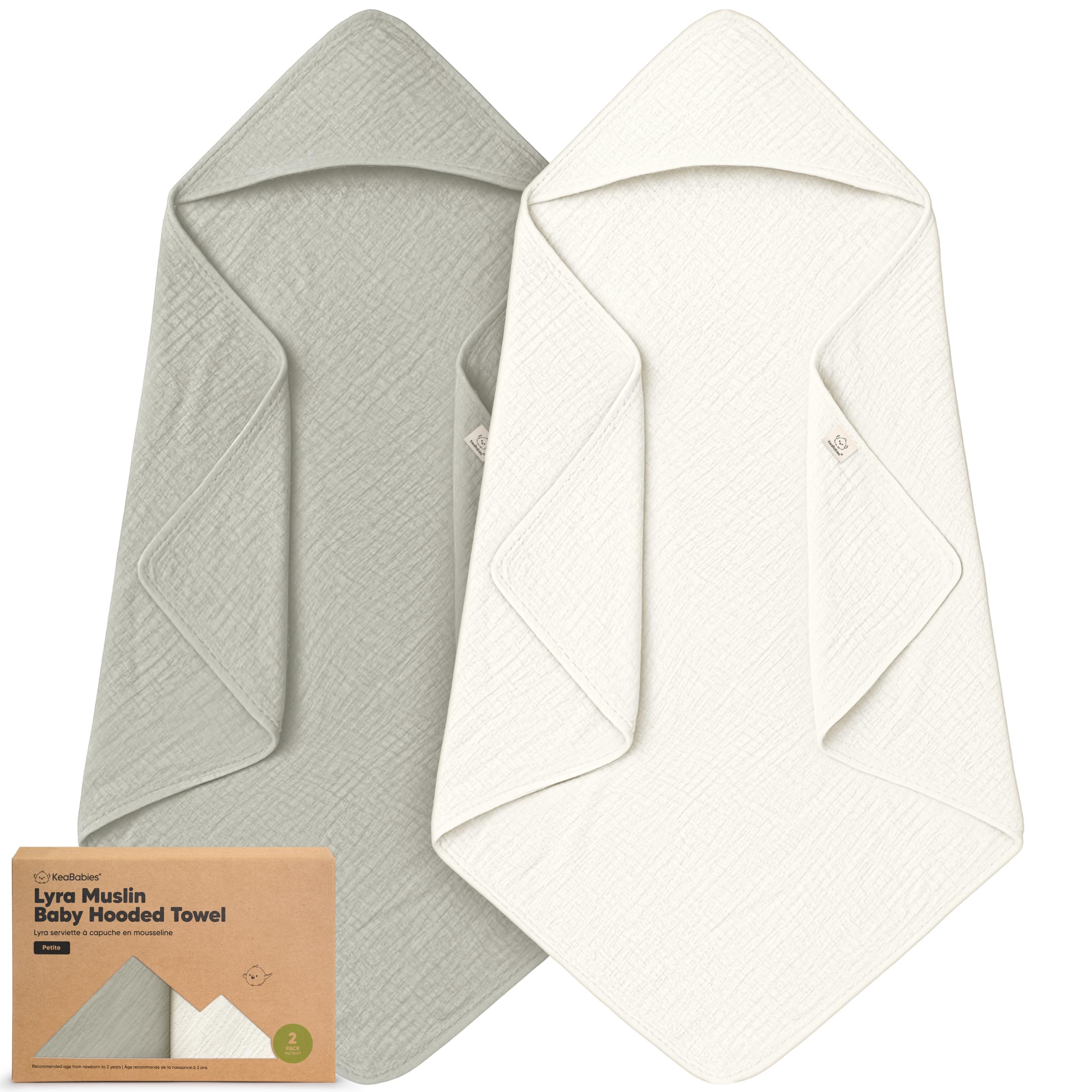 KeaBabies Lyra hooded towel graphite, flat lay, showing soft muslin fabric for gentle drying