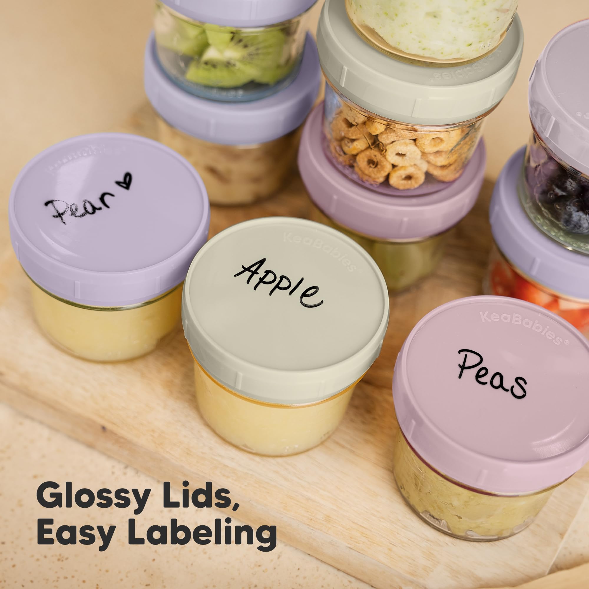 KeaBabies jars feature measurement markings and writable lids for labeling meals.
