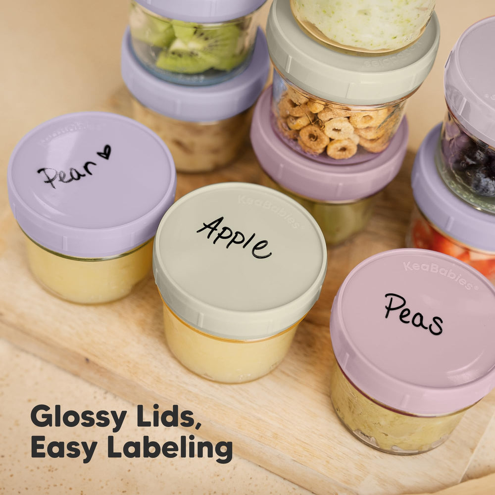 KeaBabies jars feature measurement markings and writable lids for labeling meals.