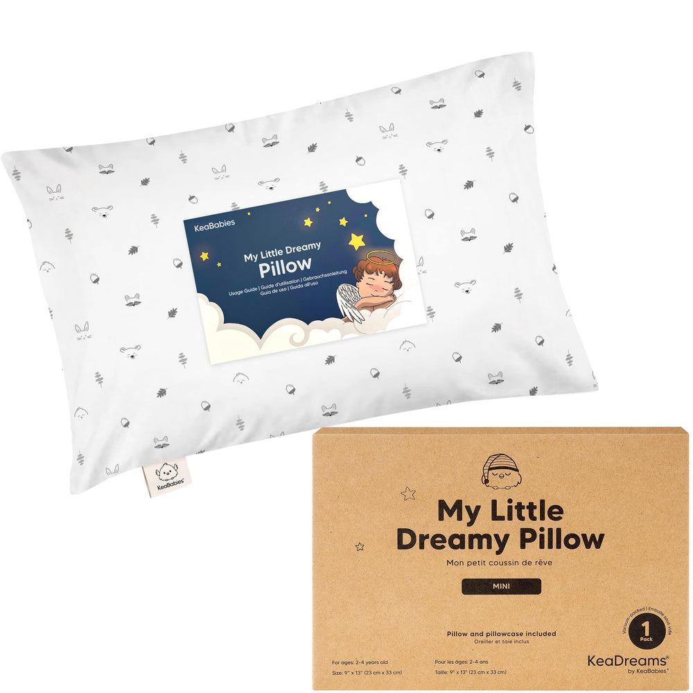 KeaBabies Mini Toddler Pillow Acorn packaging shows a compact travel-friendly design for on-the-go naps.