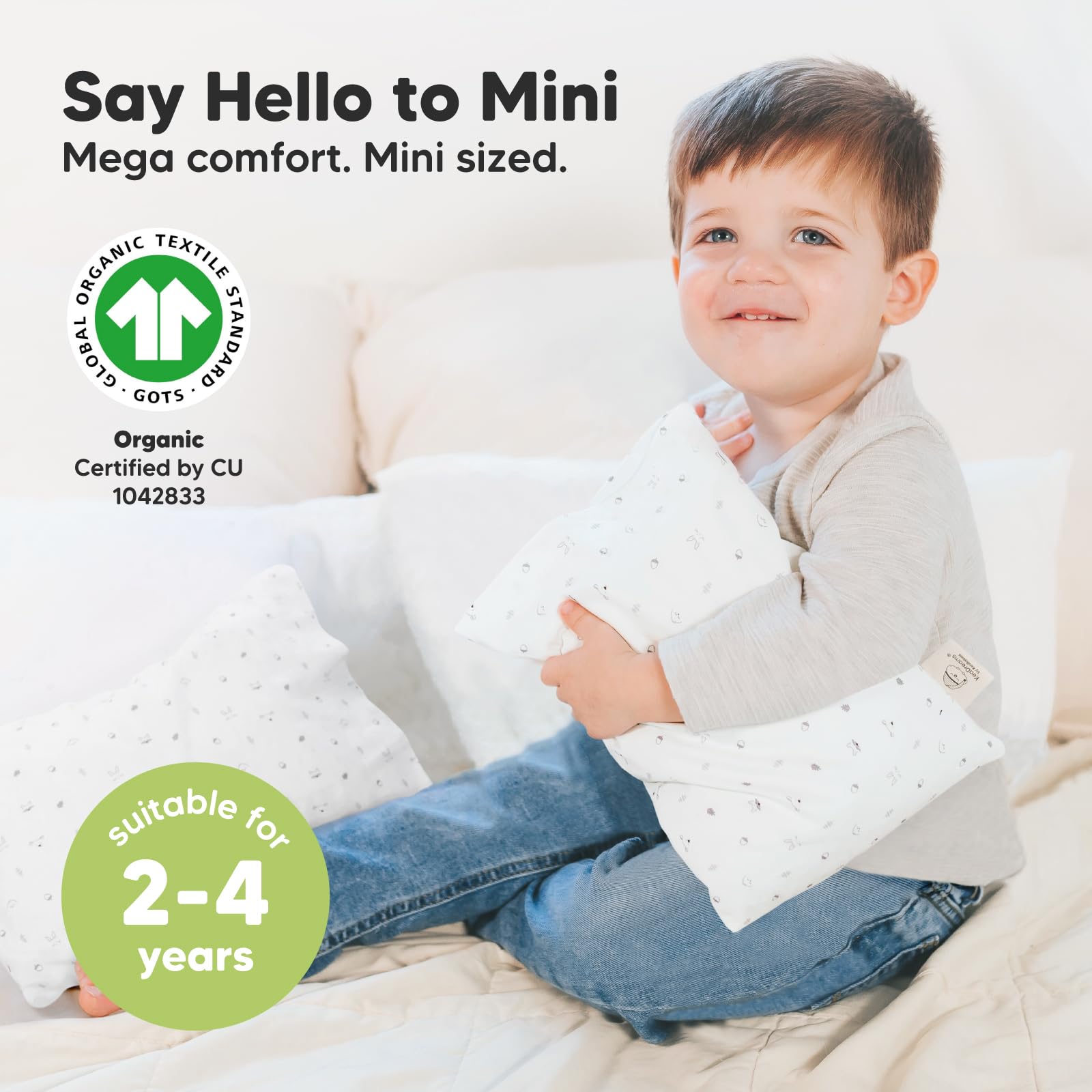 KeaBabies Mini Toddler Pillow Organic Cotton Fabric highlights breathable, gentle material for toddlers.