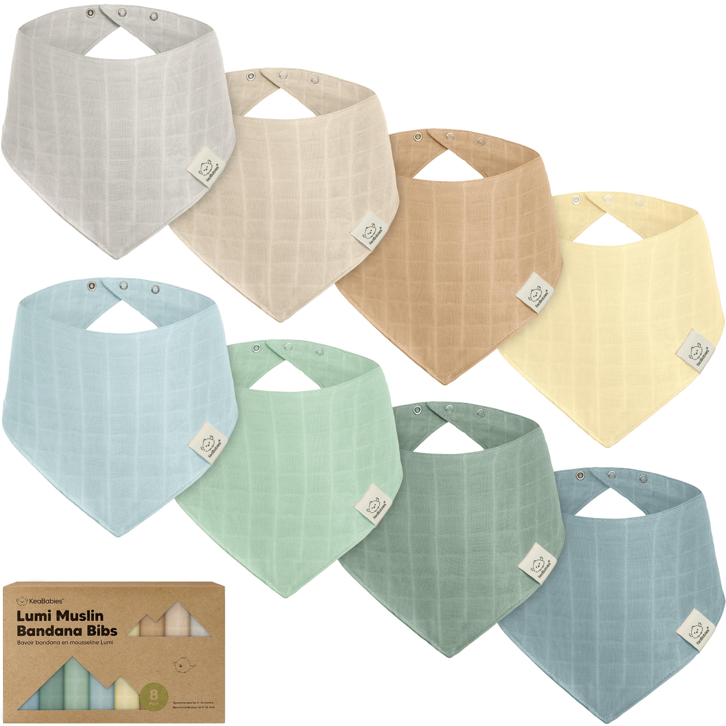 KeaBabies muslin bibs 8-pack front view, unisex design for daily use