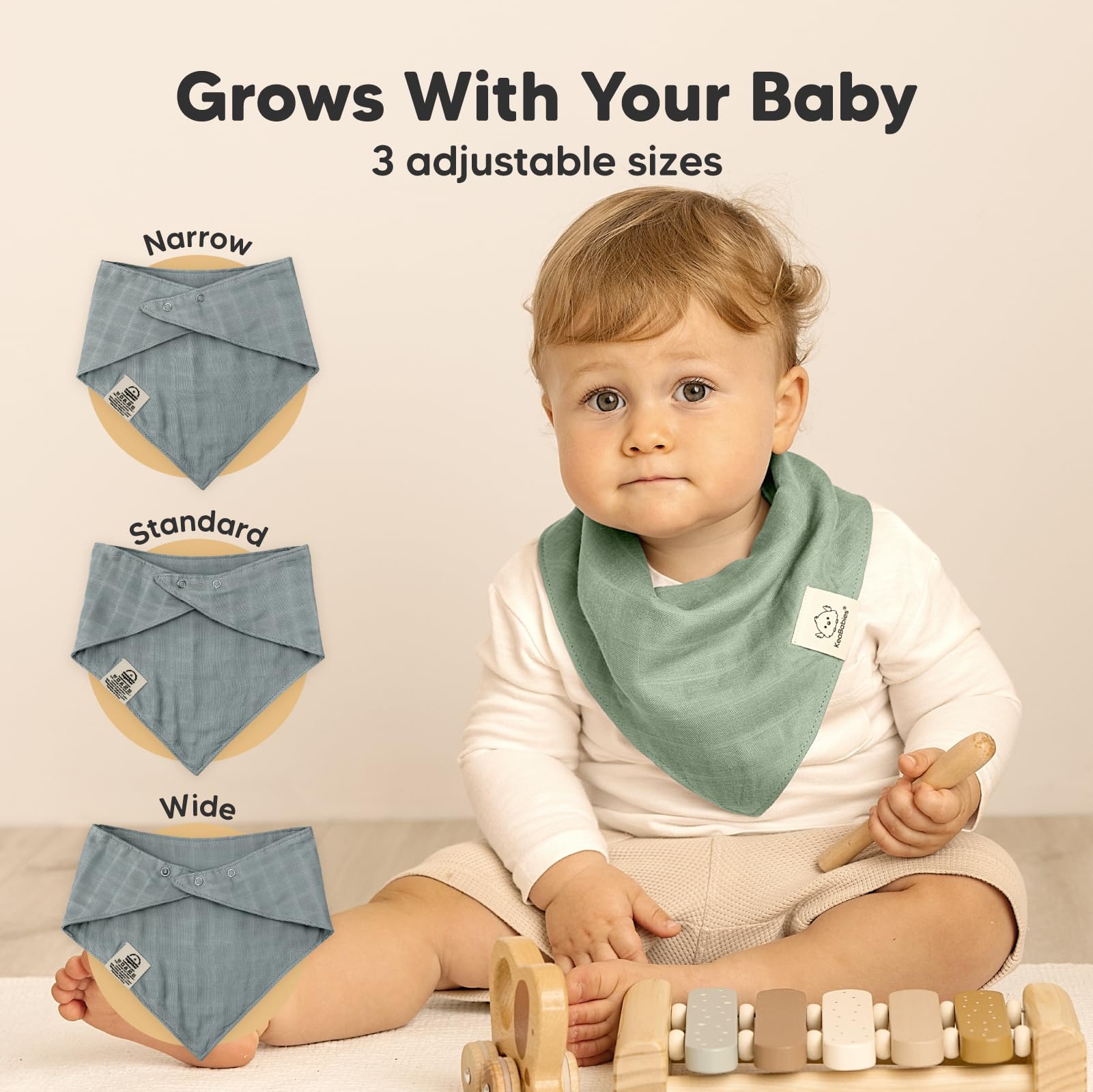 Adjustable snaps secure bibs as baby grows 0-36 months