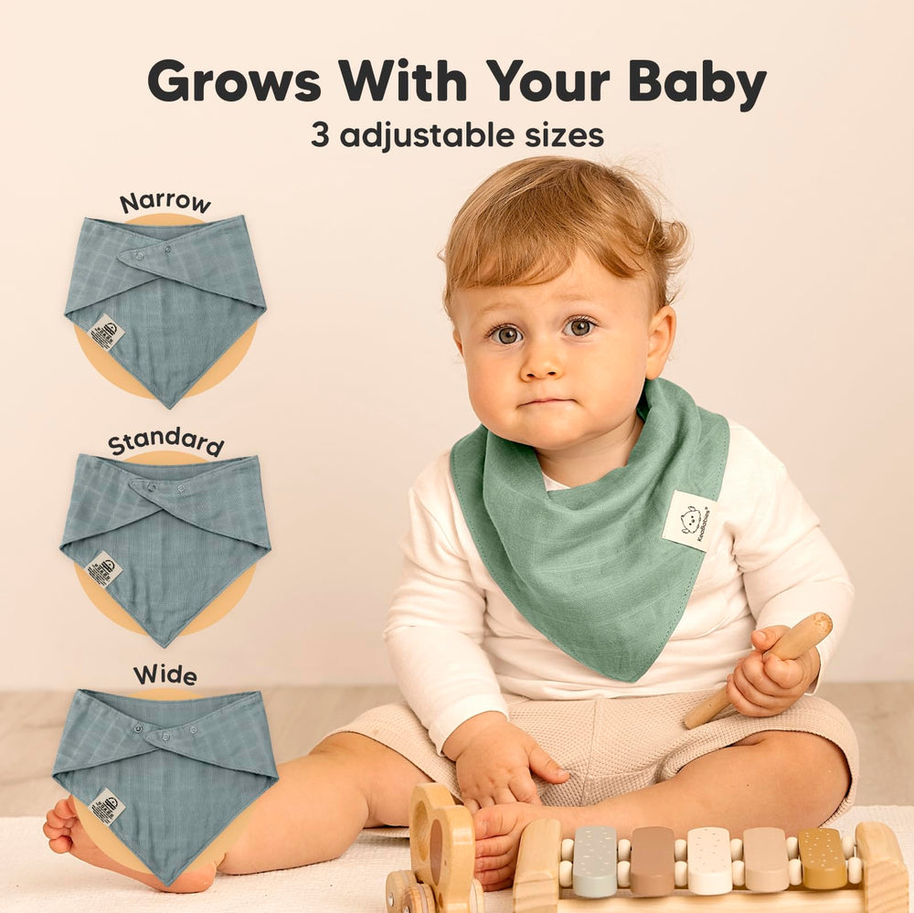 Adjustable snaps secure bibs as baby grows 0-36 months