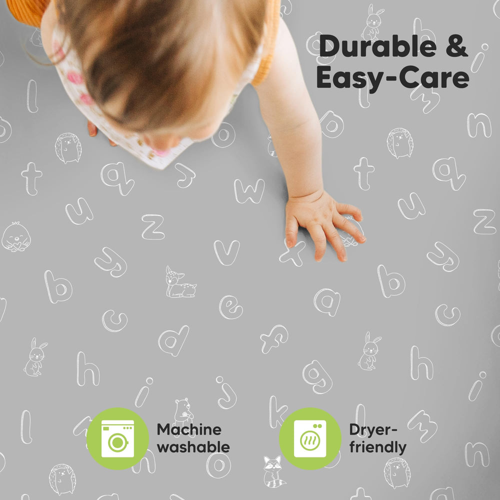 Neutral ABC Land design on KeaBabies sheets for any nursery.