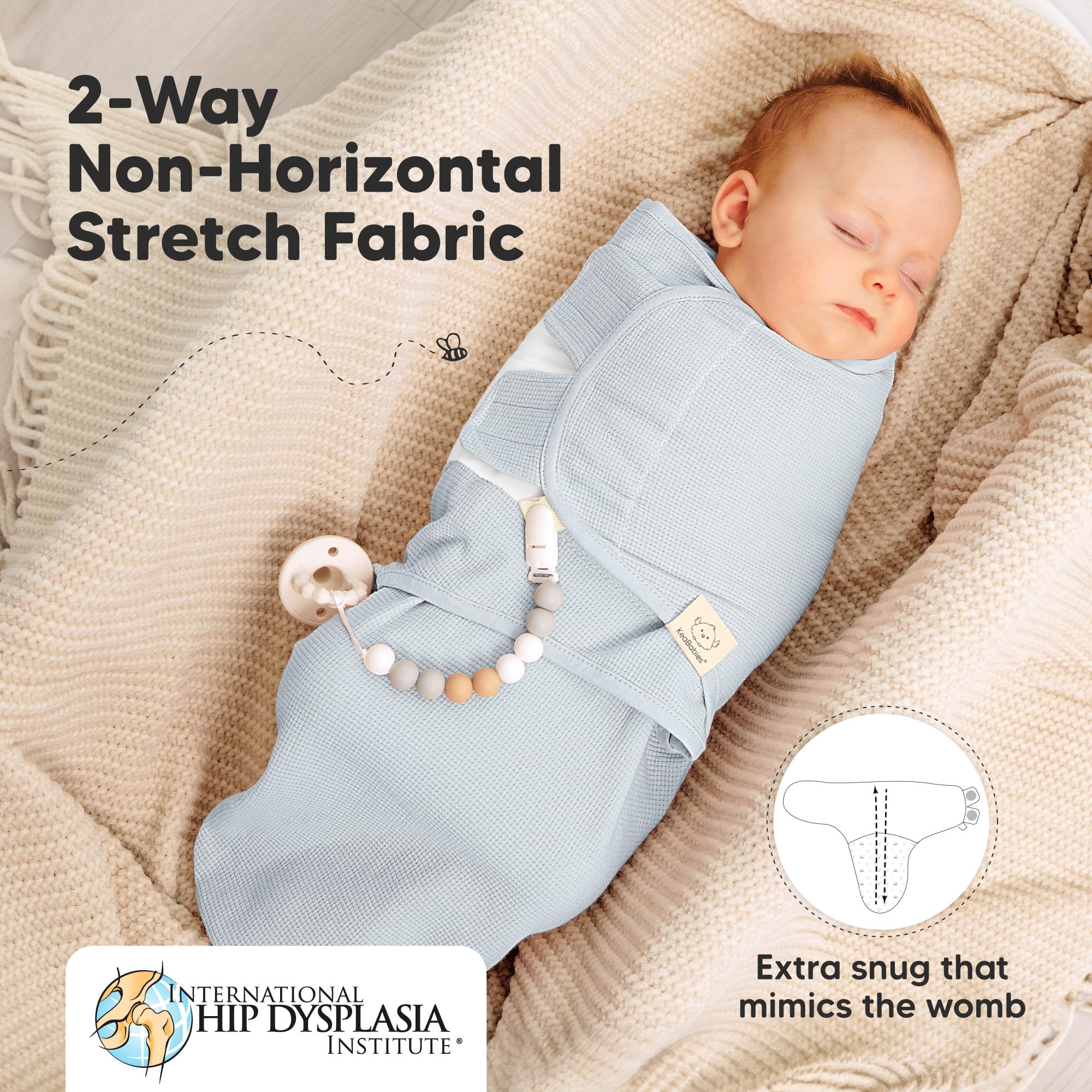KeaBabies Newborn wearable blanket provides secure, ergonomic fit.