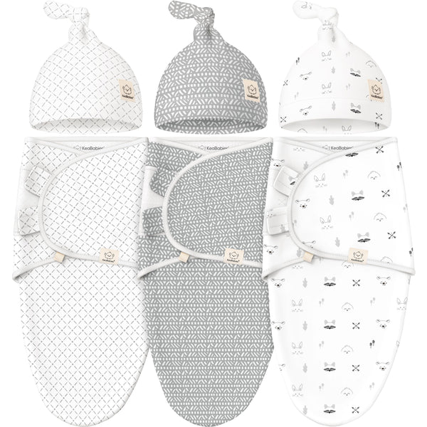 KeaBabies Nordic swaddles with hats 3-pack, cozy and secure for newborns