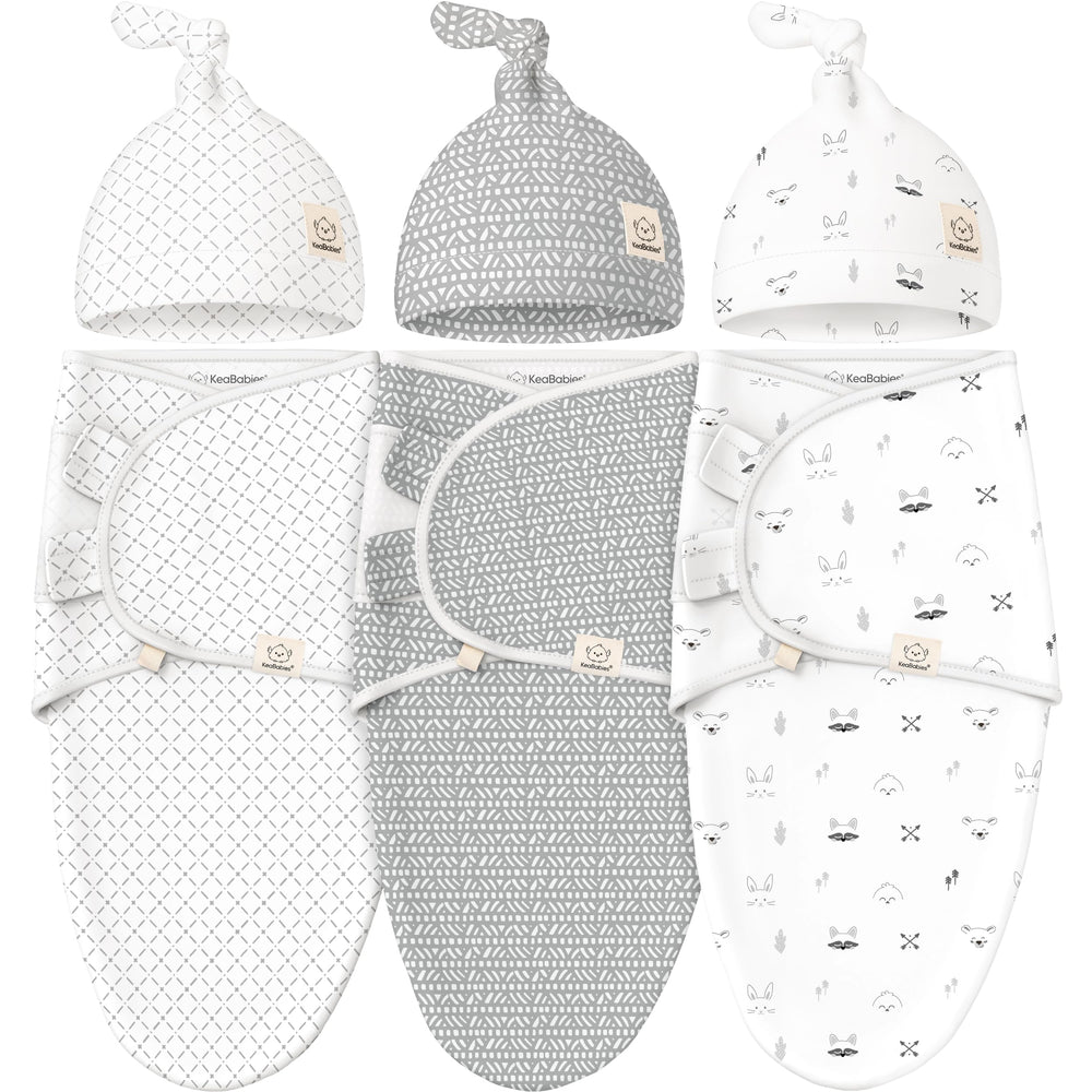 KeaBabies Nordic swaddles with hats 3-pack, cozy and secure for newborns