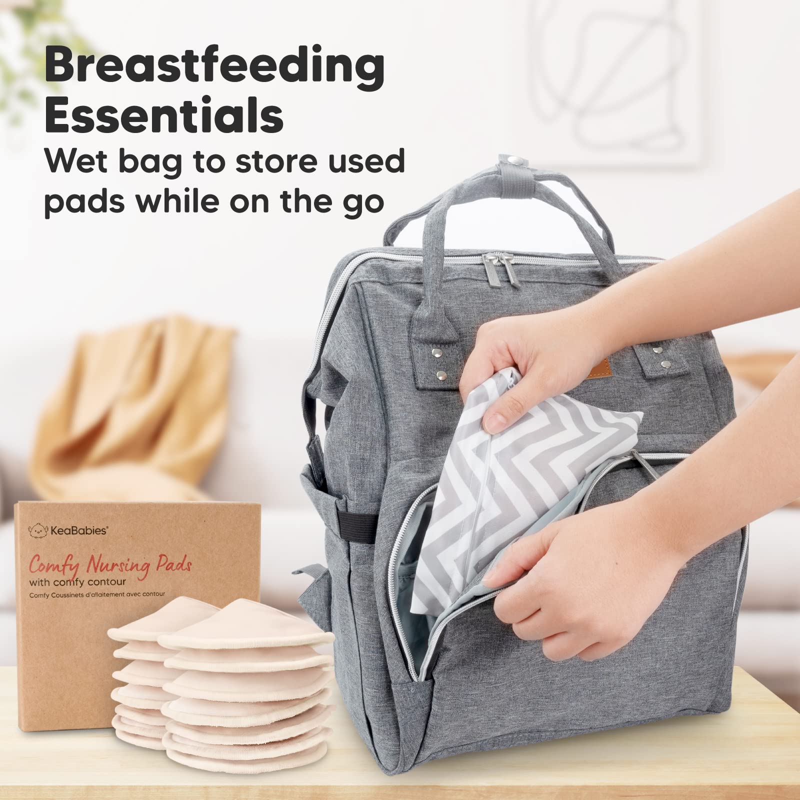 KeaBabies nursing pads shown under a nursing bra for discreet wear.