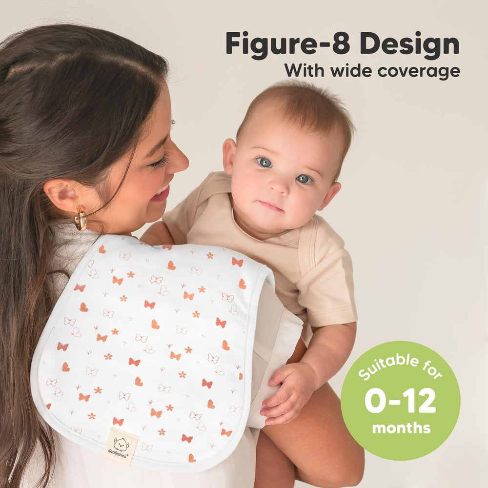 KeaBabies organic burp cloths measure 21x10 inches for full shoulder coverage