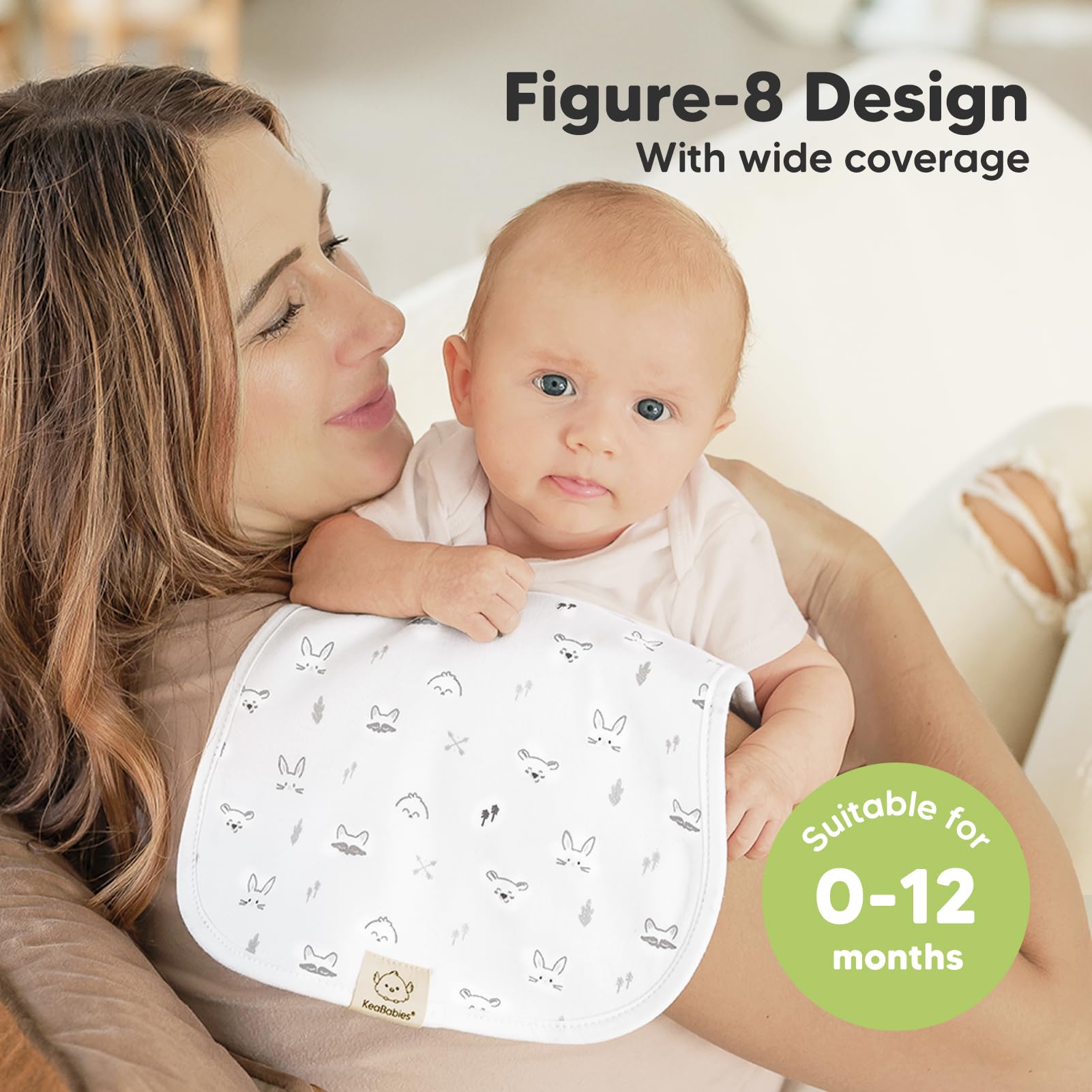 Figure-8 shoulder coverage design on KeaBabies burp cloths prevents slipping during feeds