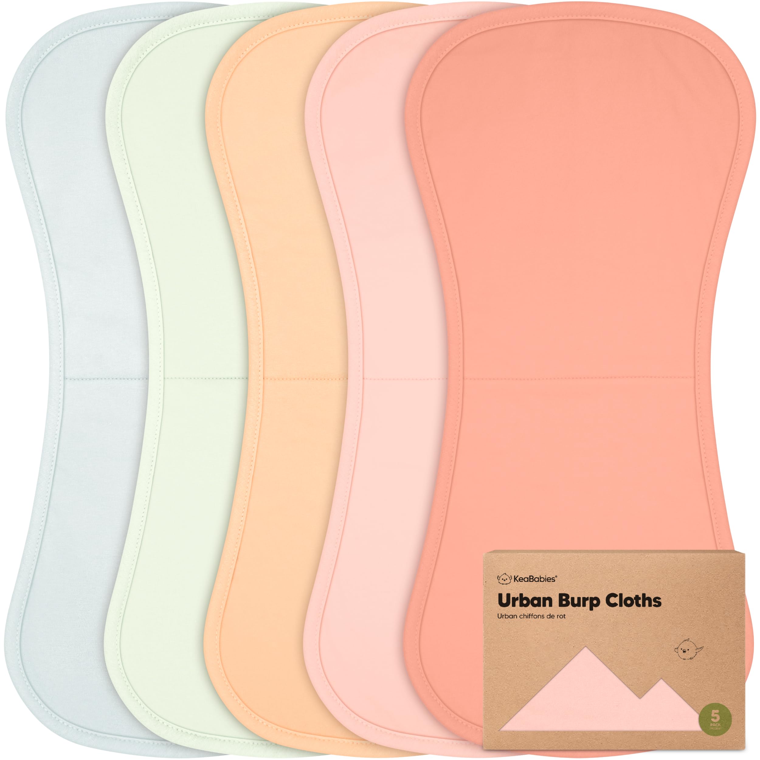 KeaBabies 5-pack burp cloths in packaging, a convenient starter set for busy families.