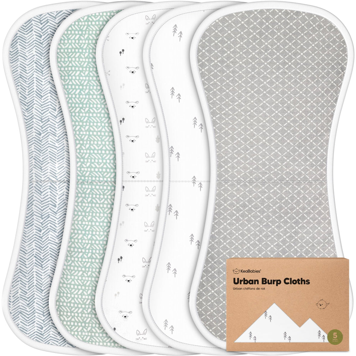 KeaBabies 5-pack burp cloths product shot showing full set for daily use