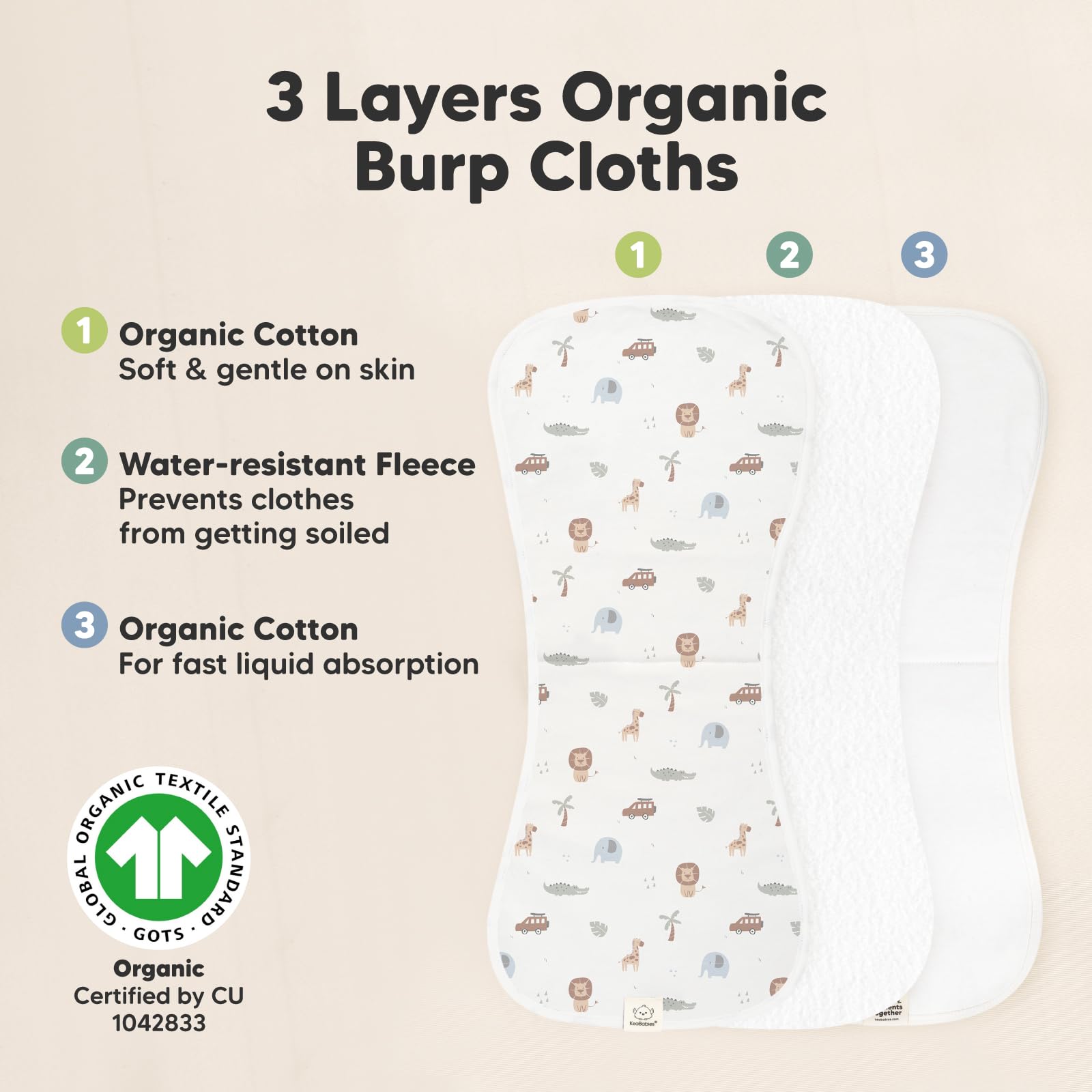 KeaBabies 21 x 10 inch burp cloths provide ample shoulder coverage.