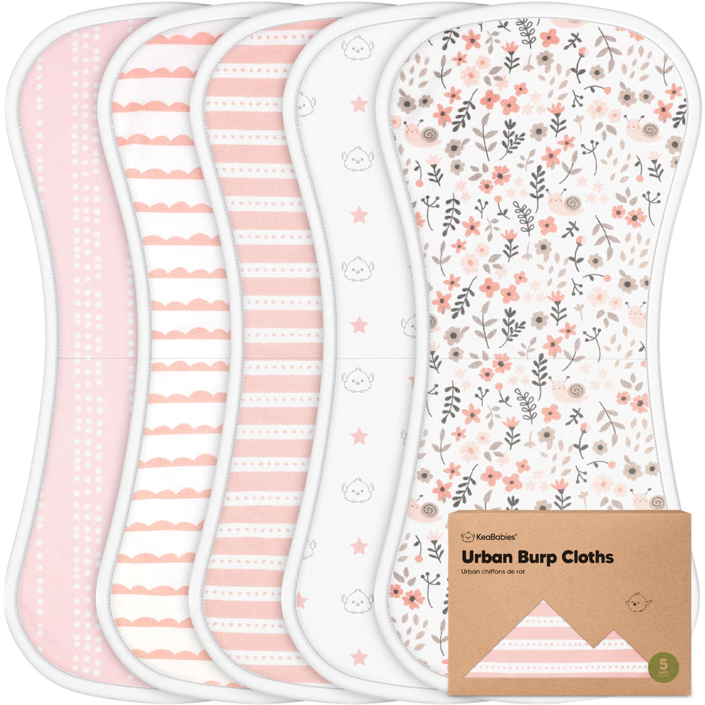 KeaBabies Organic Burp Cloths 5-Pack with figure-8 coverage protects shoulders.