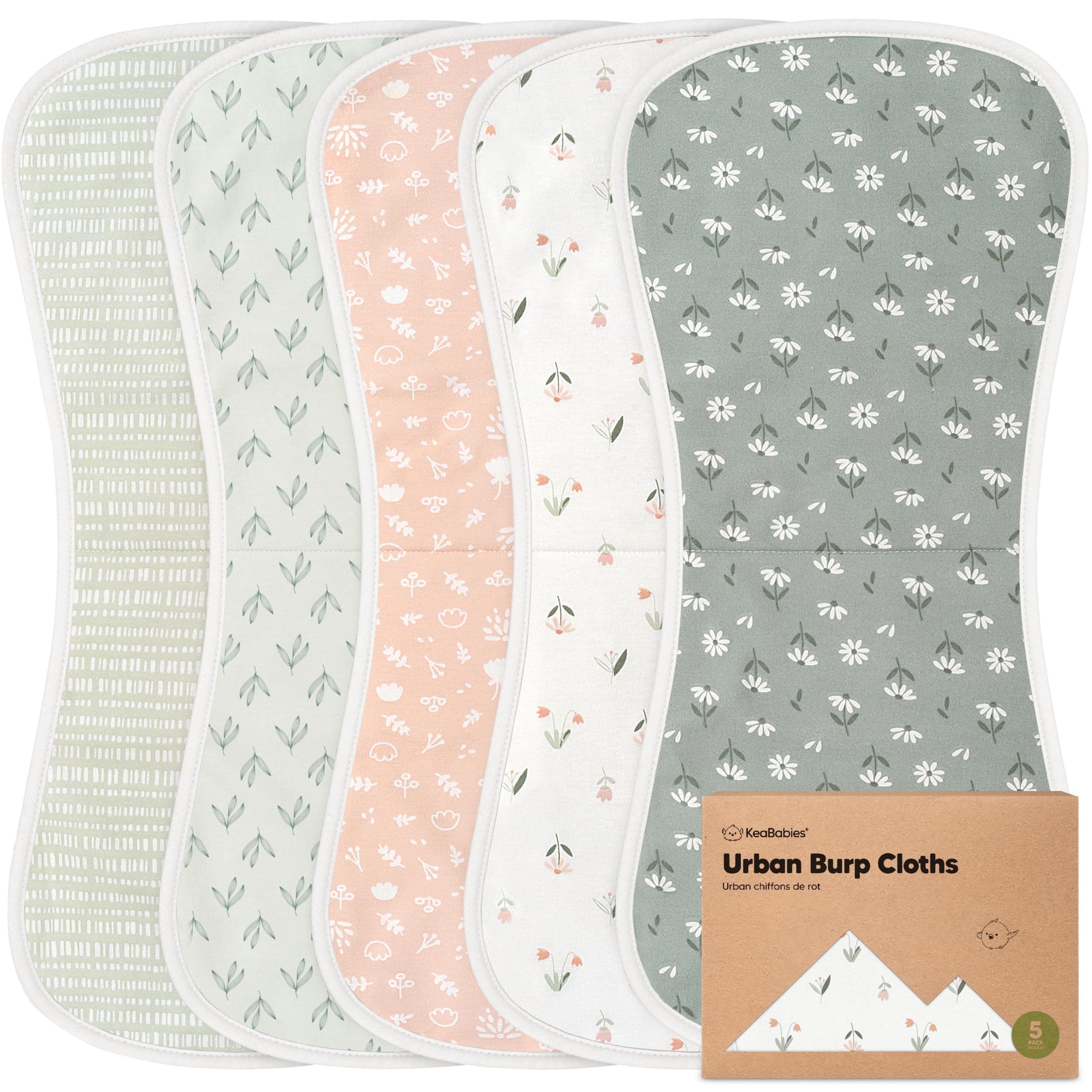 KeaBabies Organic Burp Cloths 5-pack with soft fabric for gentle skin care.