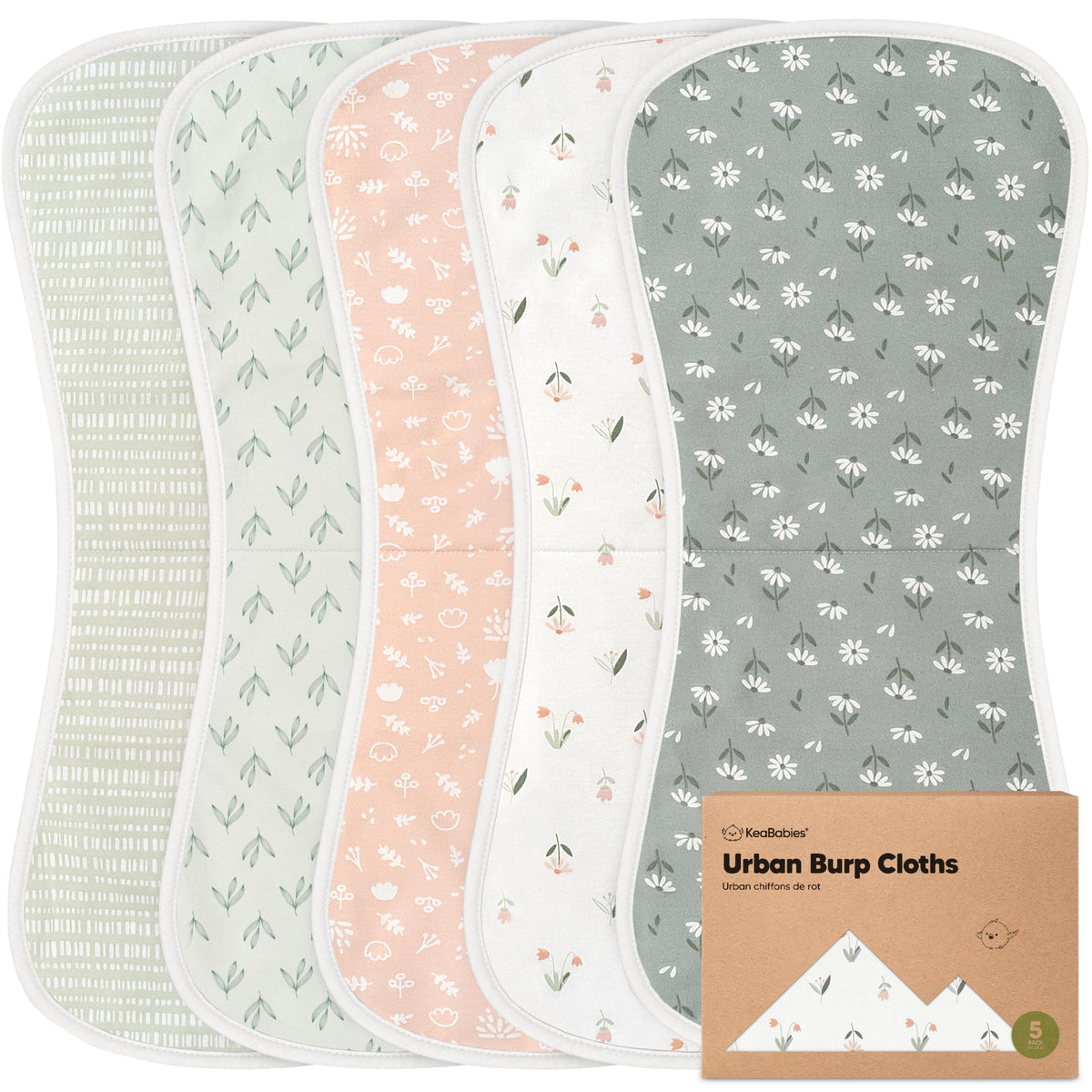 KeaBabies Organic Burp Cloths 5-pack with soft fabric for gentle skin care.