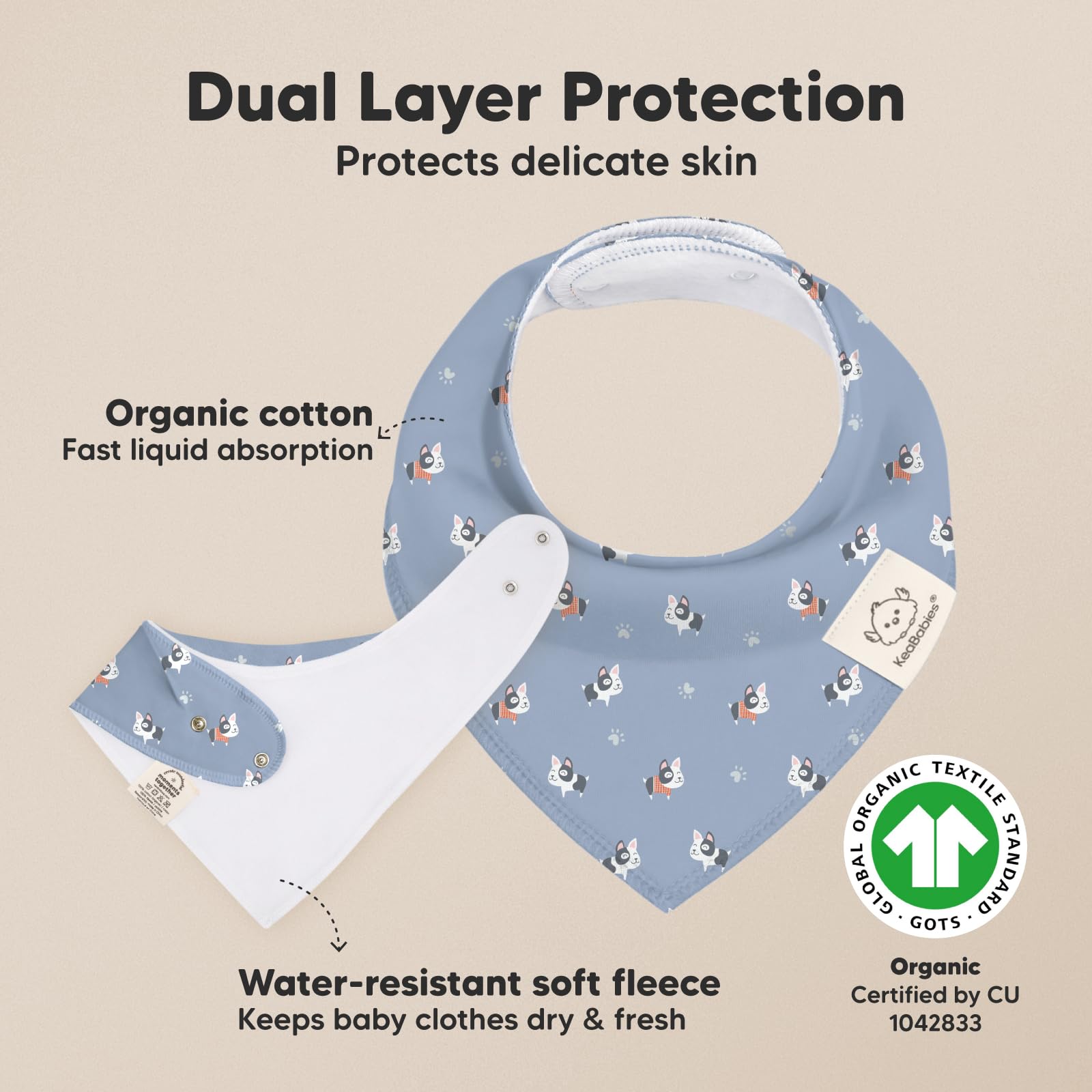 KeaBabies organic cotton bandana bib close-up; ultra-soft for delicate baby skin.