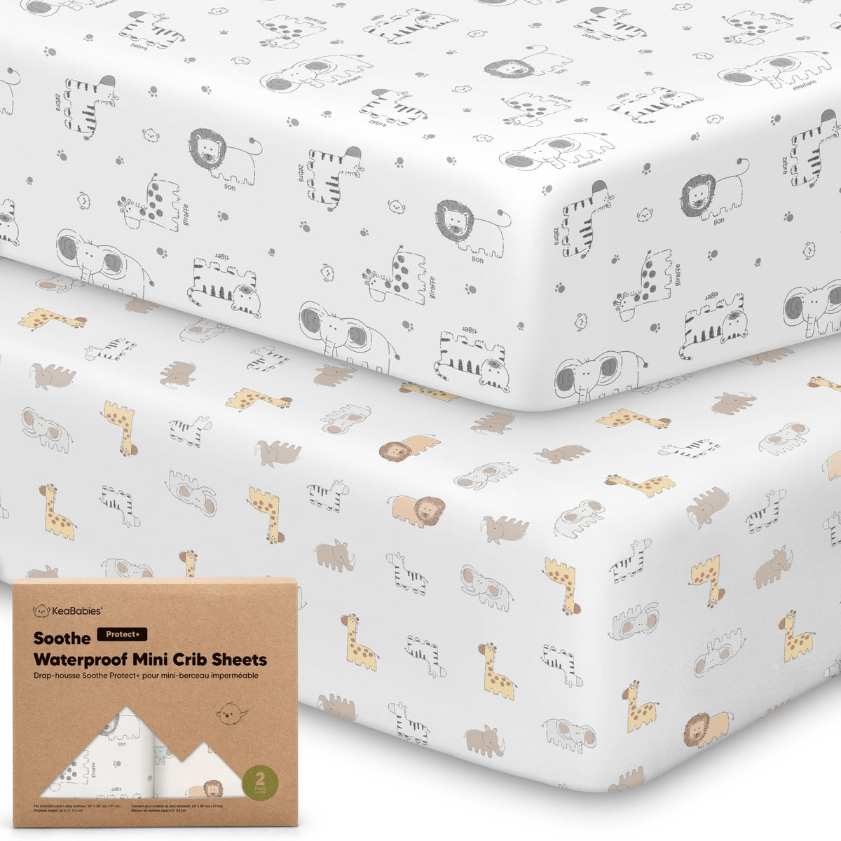 KeaBabies waterproof mini crib sheet on a Graco Pack 'n Play mattress (38x26).