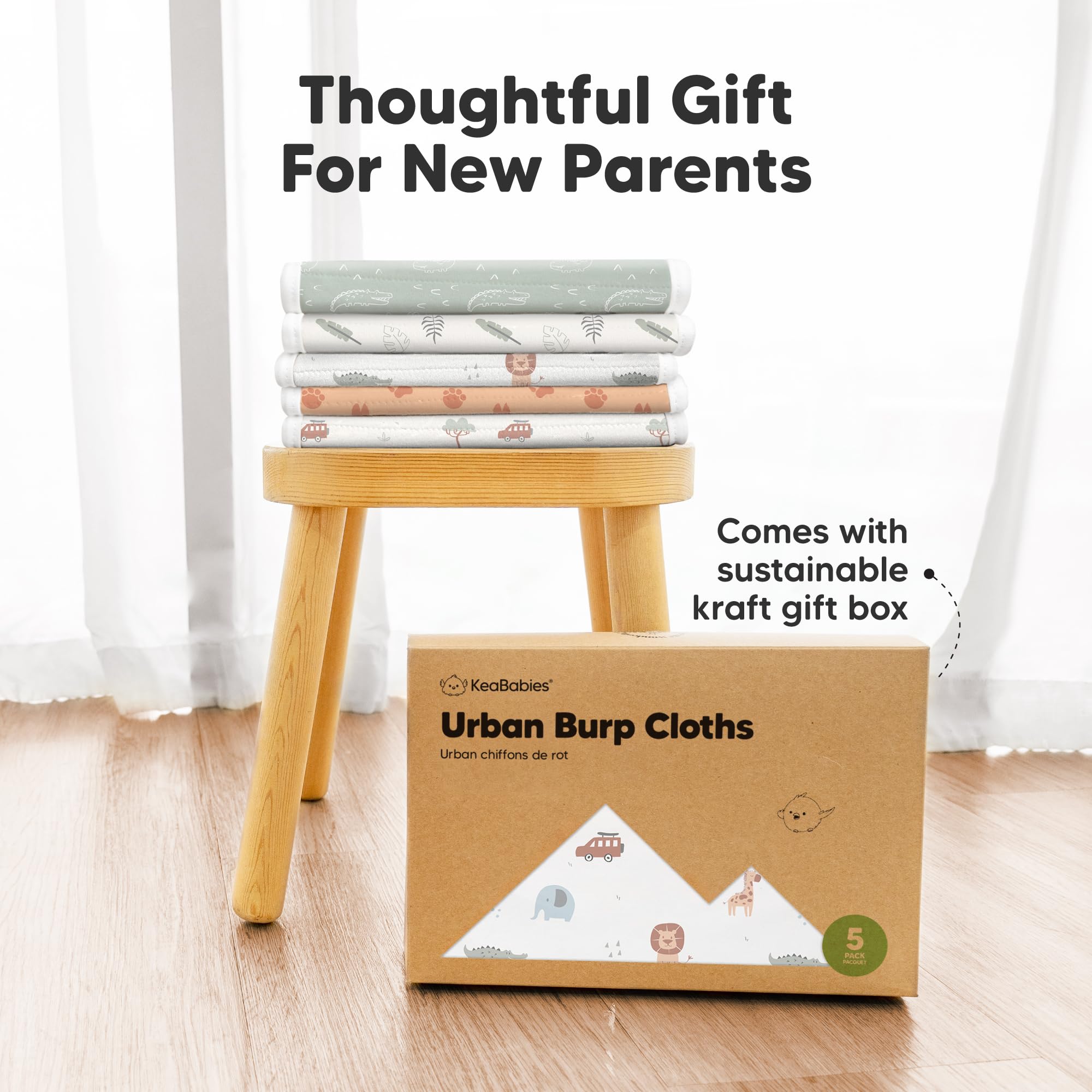 KeaBabies packaging keeps 5 cloths organized for travel or home.