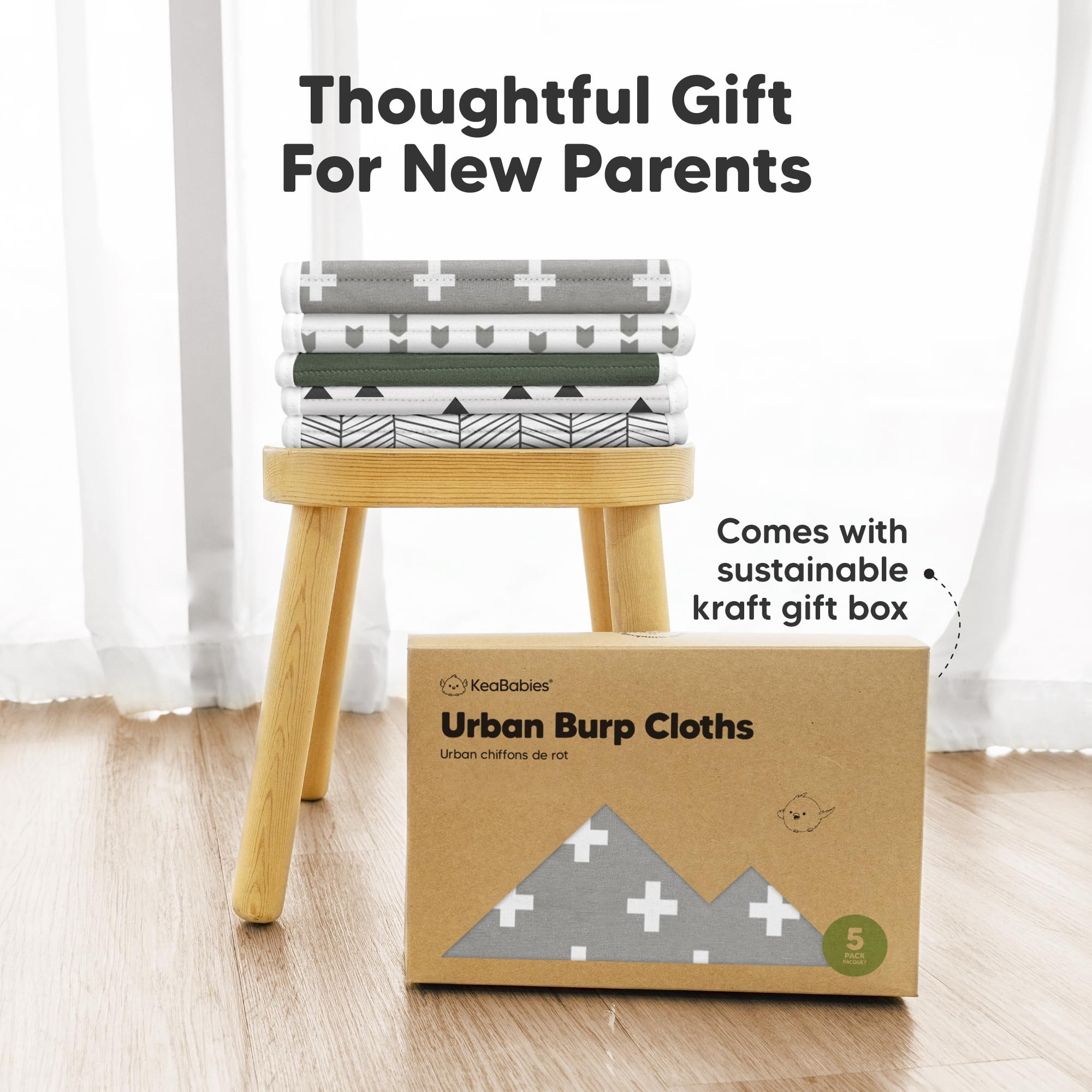 KeaBabies burp cloths packaging image, ready for gifting.