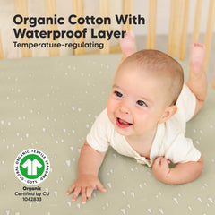 KeaBabies Pine Grove organic cotton crib sheet flatlay emphasizing baby-friendly softness.