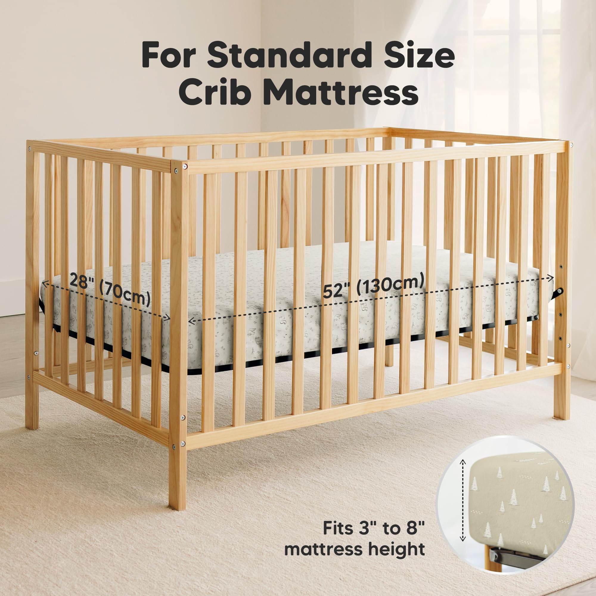 KeaBabies Pine Grove snugfit tech stretch demonstrates easy fitting on standard crib.