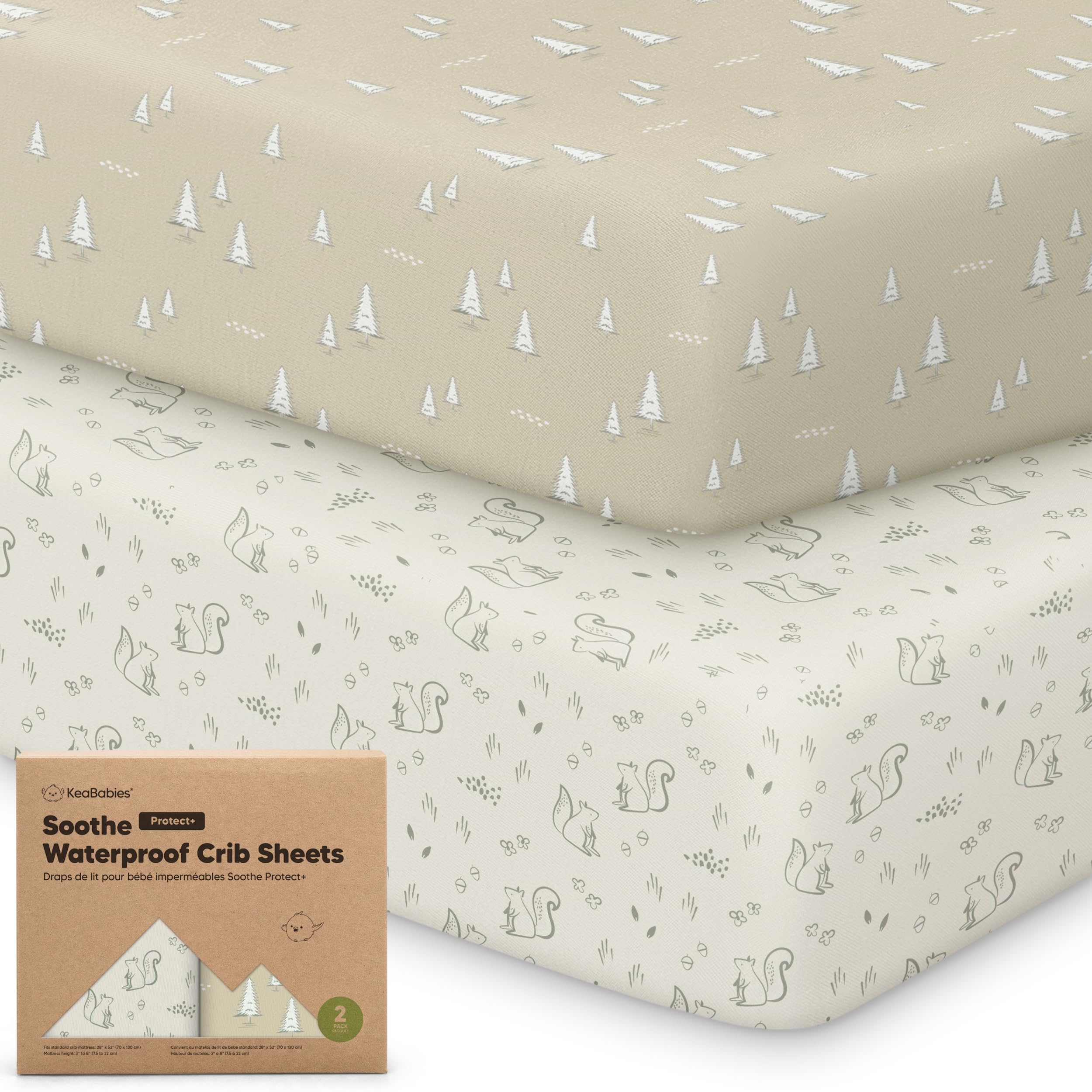 KeaBabies Pine Grove waterproof crib sheet closeup showing protective layer against spills.