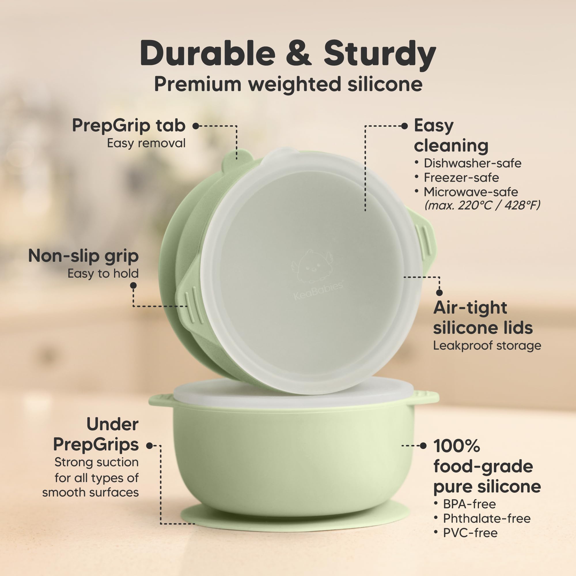 KeaBabies suction bowls with lids shown sealed, preserving freshness and preventing leaks.