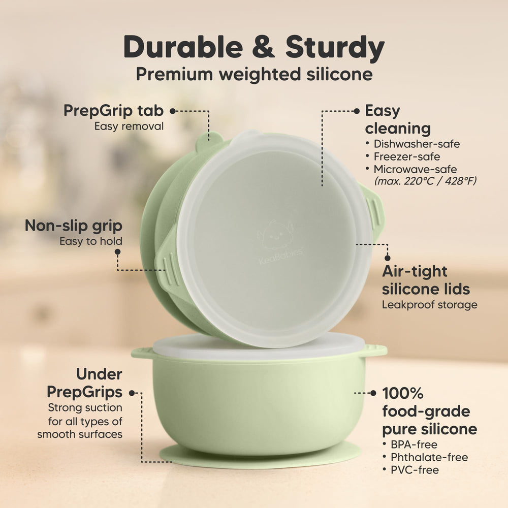 KeaBabies suction bowls with lids shown sealed, preserving freshness and preventing leaks.