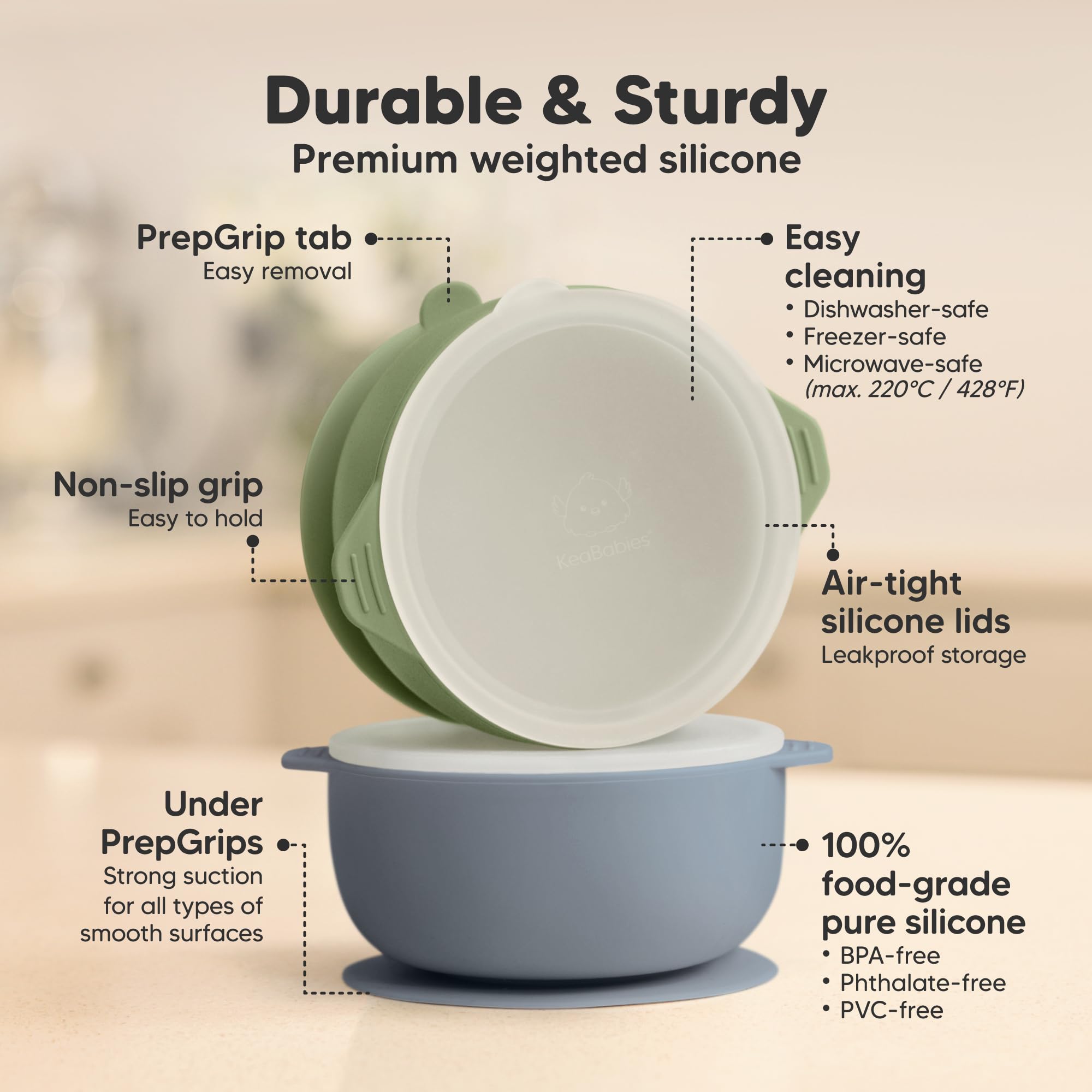 KeaBabies suction base grips smoothly to table for mess-free feeding