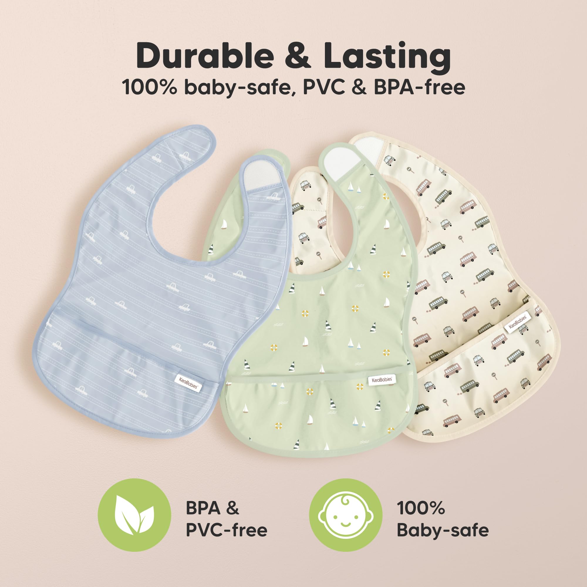 KeaBabies Presto bib bottom-pocket catches crumbs and spills effectively.