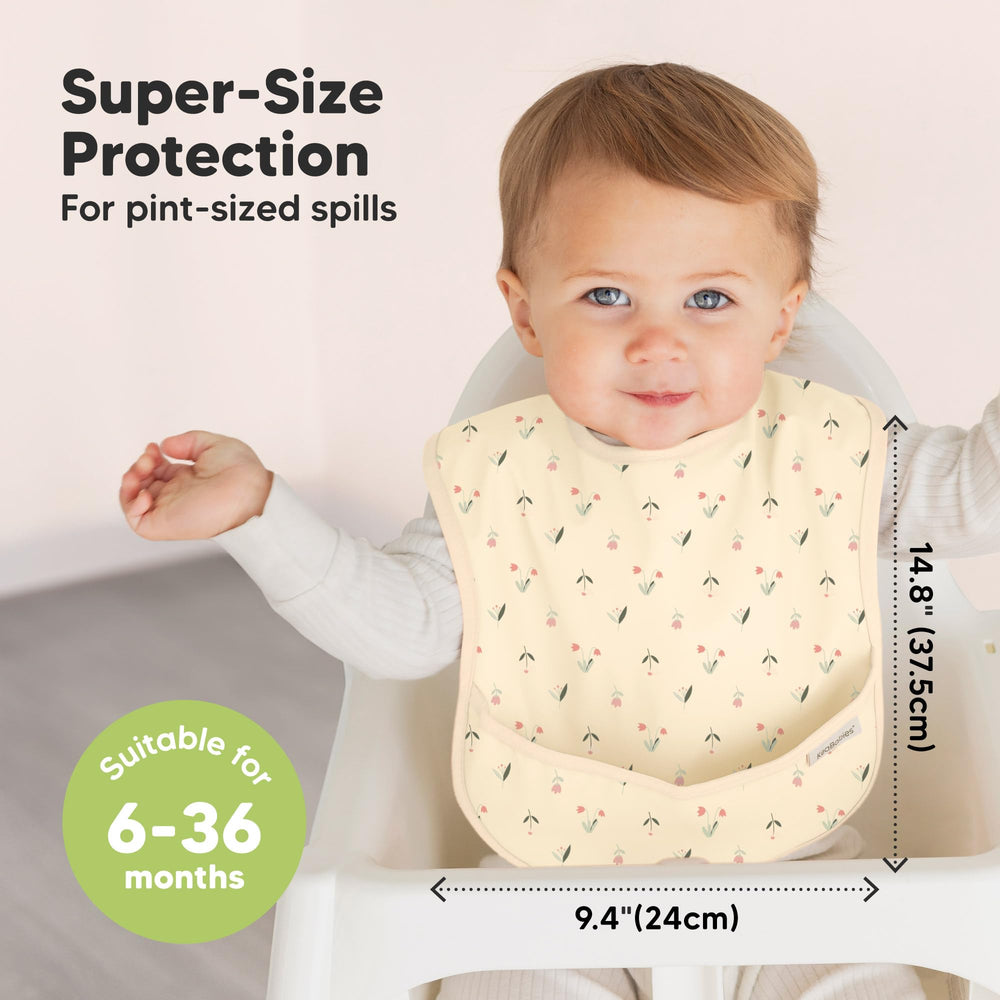 KeaBabies Presto Fleur bib with large catcher pocket catches crumbs easily