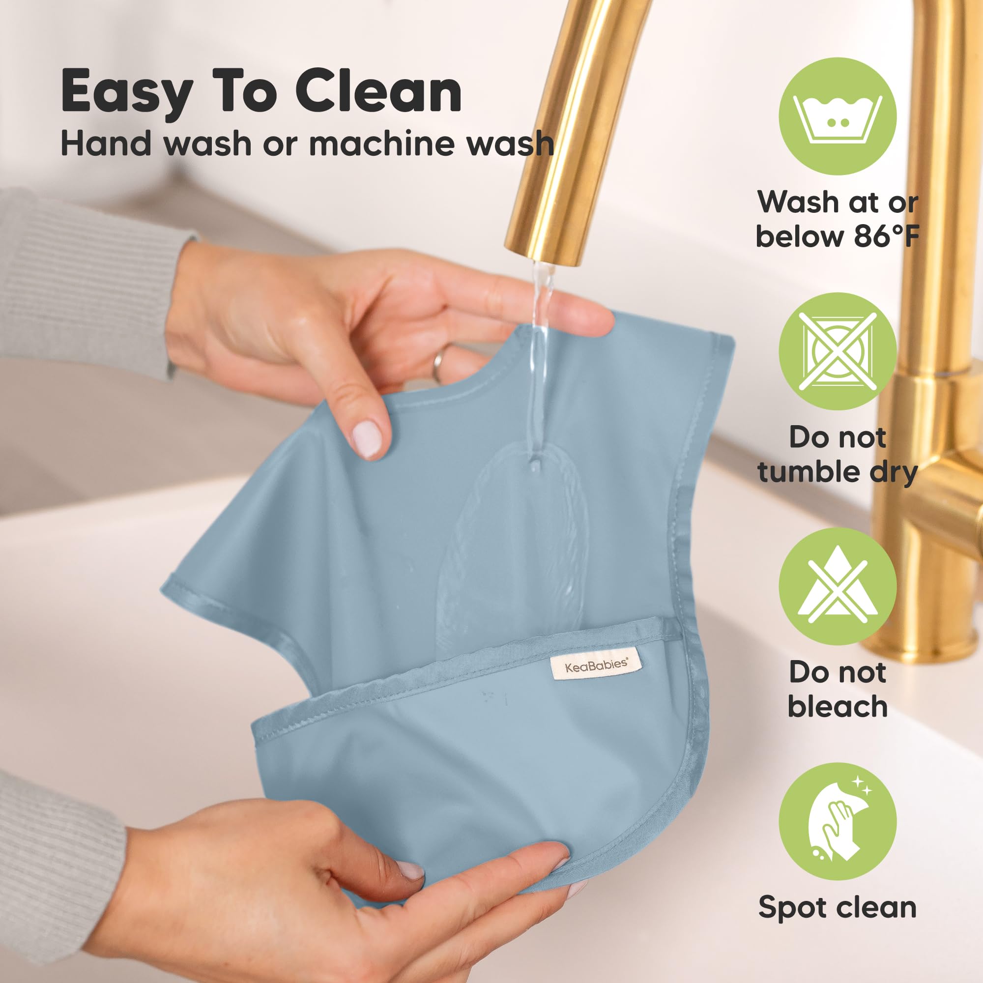KeaBabies Presto bib includes a wide food catcher pocket for crumbs.