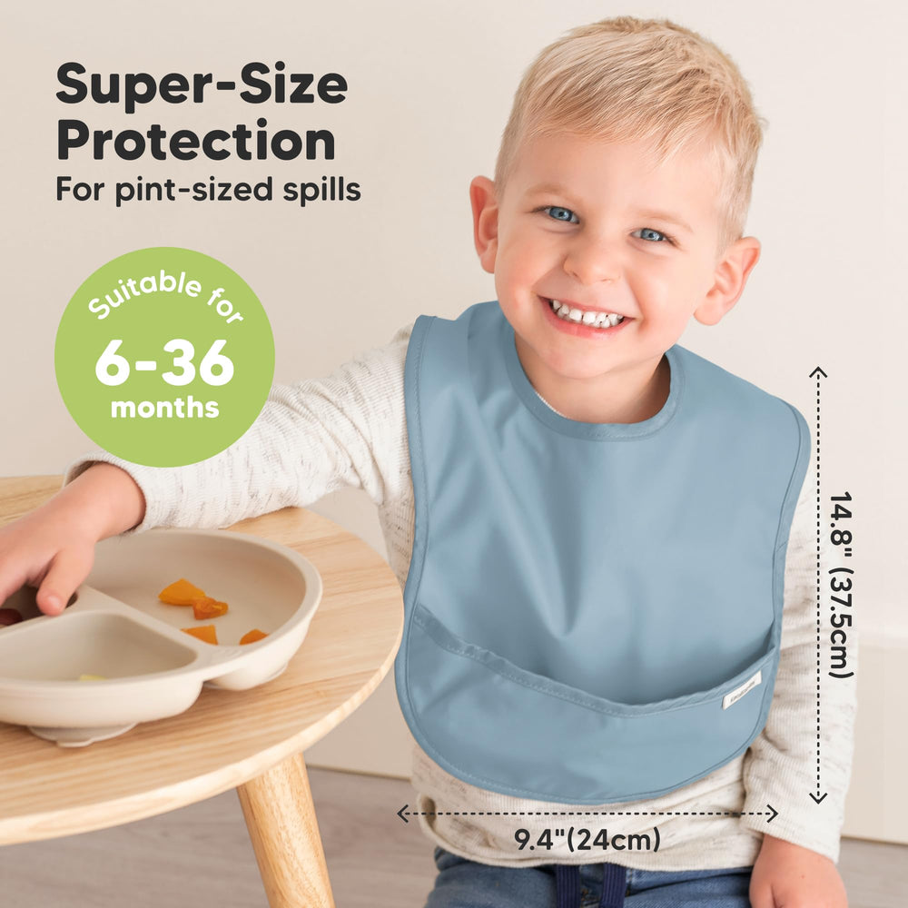 KeaBabies Presto bib PROtech fabric stays reusable and waterproof for mealtimes.