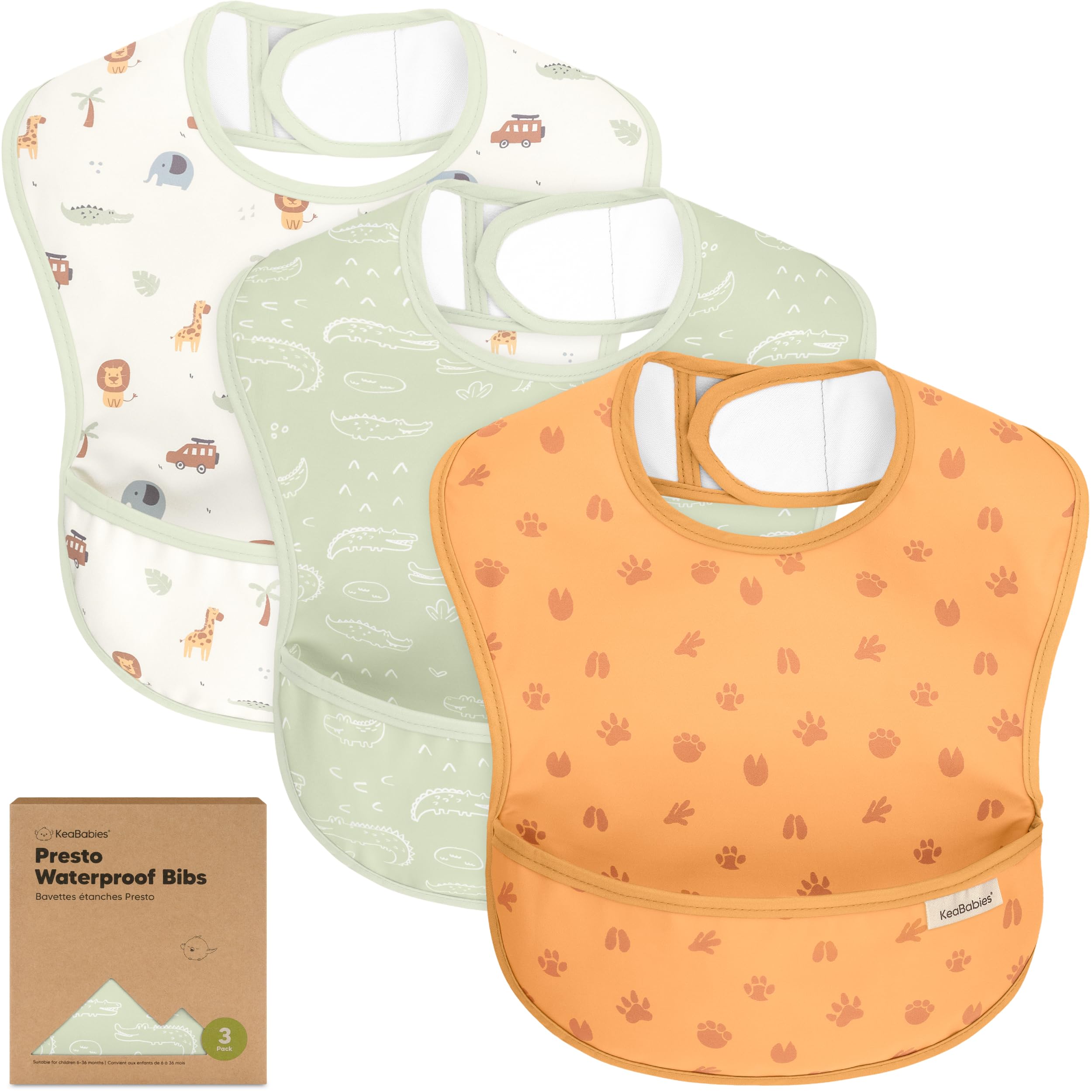 KeaBabies Presto bib front view shows large catcher pocket for spill reduction