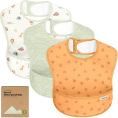 KeaBabies Presto bib front view shows large catcher pocket for spill reduction