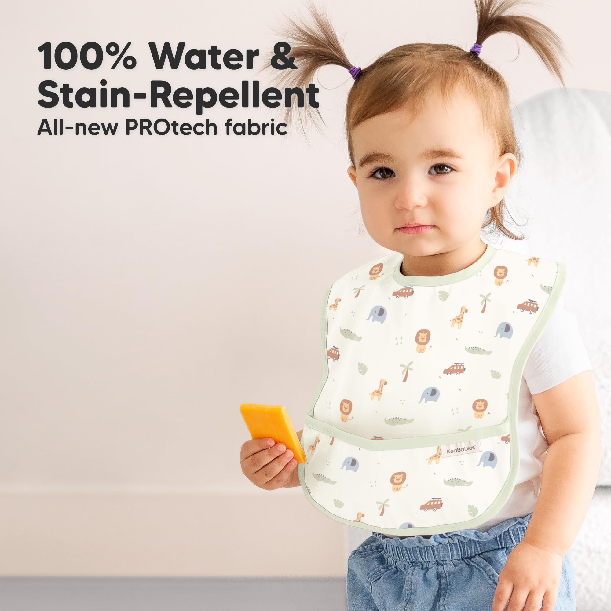 KeaBabies Presto bib pocket closeup highlights waterproof PROtech fabric