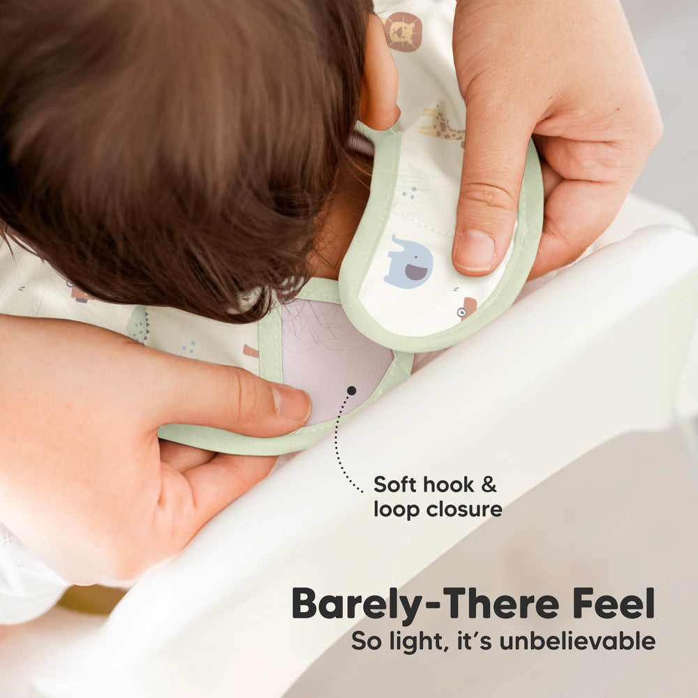 KeaBabies Presto bib worn for shoulder coverage during self-feeding