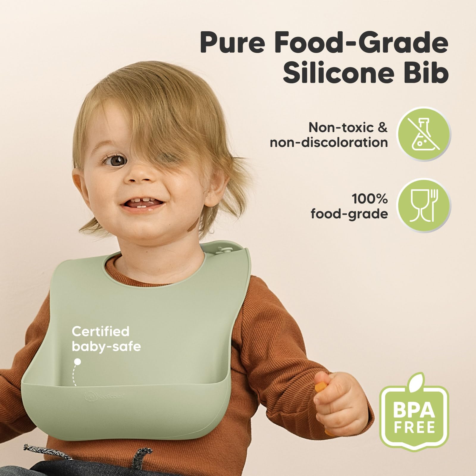 KeaBabies Sage silicone bib with food catcher keeps clothing clean
