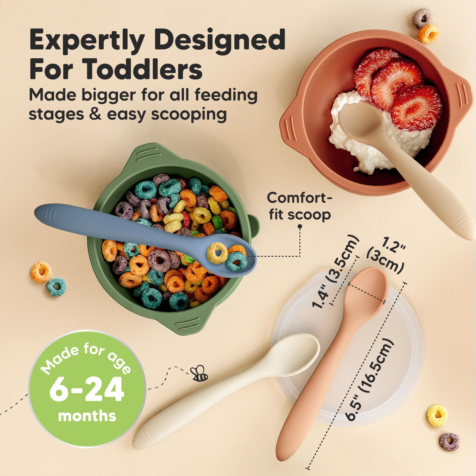 KeaBabies self-feeding spoons with a soft scoop soothe teething gums.