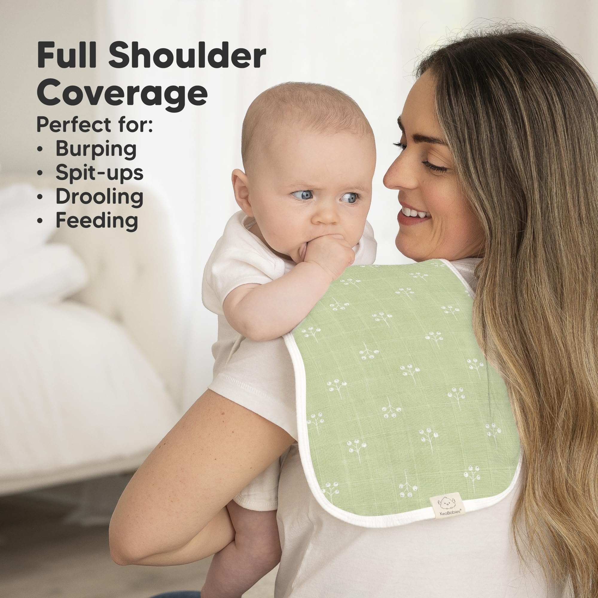Burp cloths with figure-8 design for secure shoulder fit.