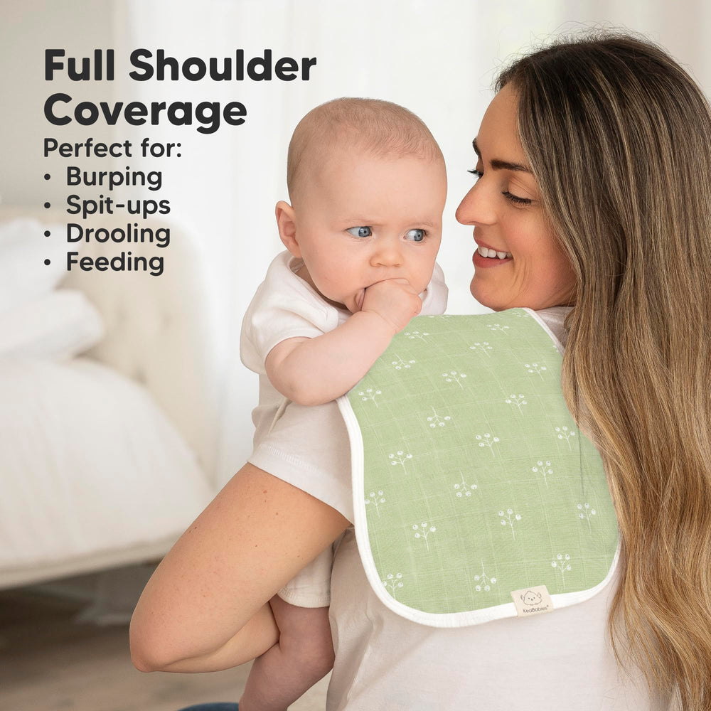 Burp cloths with figure-8 design for secure shoulder fit.