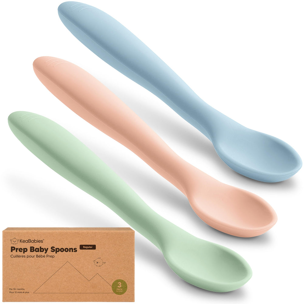 KeaBabies silicone baby spoons 3-pack on plate supports self-feeding.