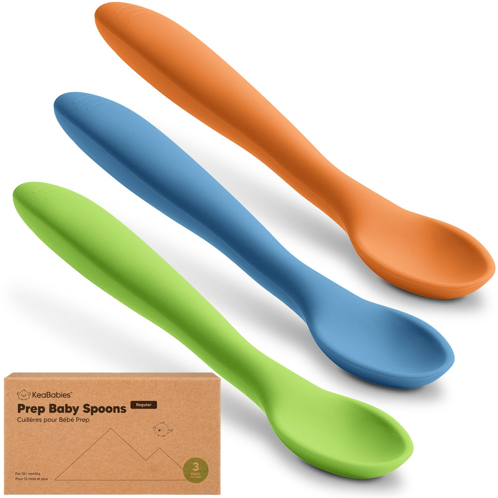 KeaBabies silicone baby spoons 3-pack for easy self-feeding and mess-free meals.