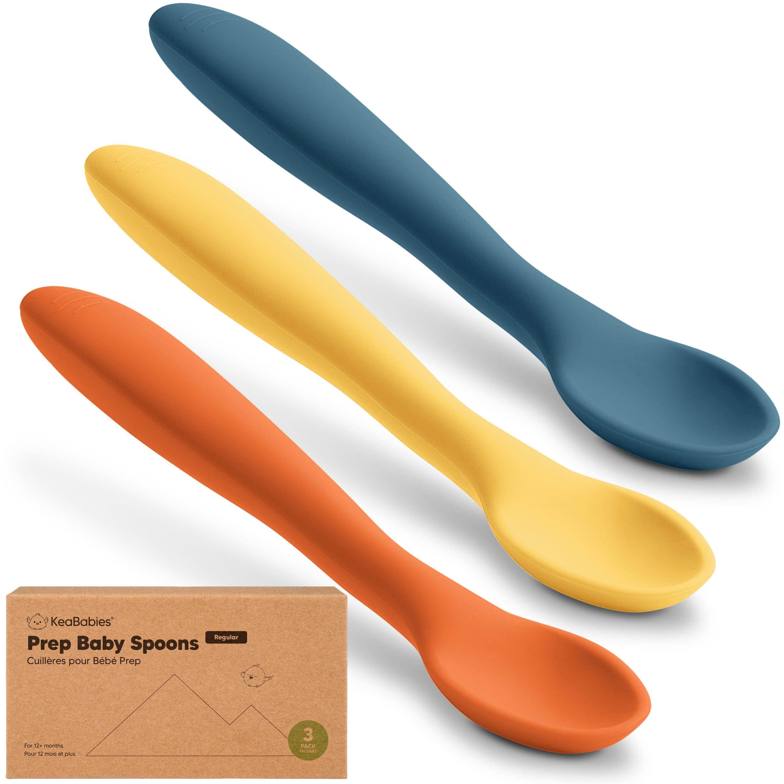 KeaBabies silicone baby spoons 3-pack for easy self-feeding with soft, safe scoops.