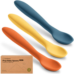 KeaBabies silicone baby spoons 3-pack for easy self-feeding with soft, safe scoops.