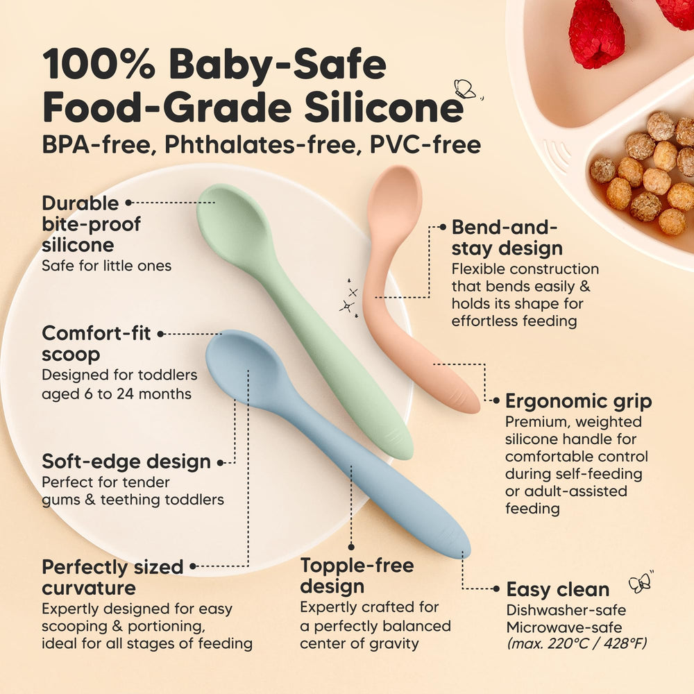 KeaBabies spoon close-up shows bite-proof edges and rounded scoop.