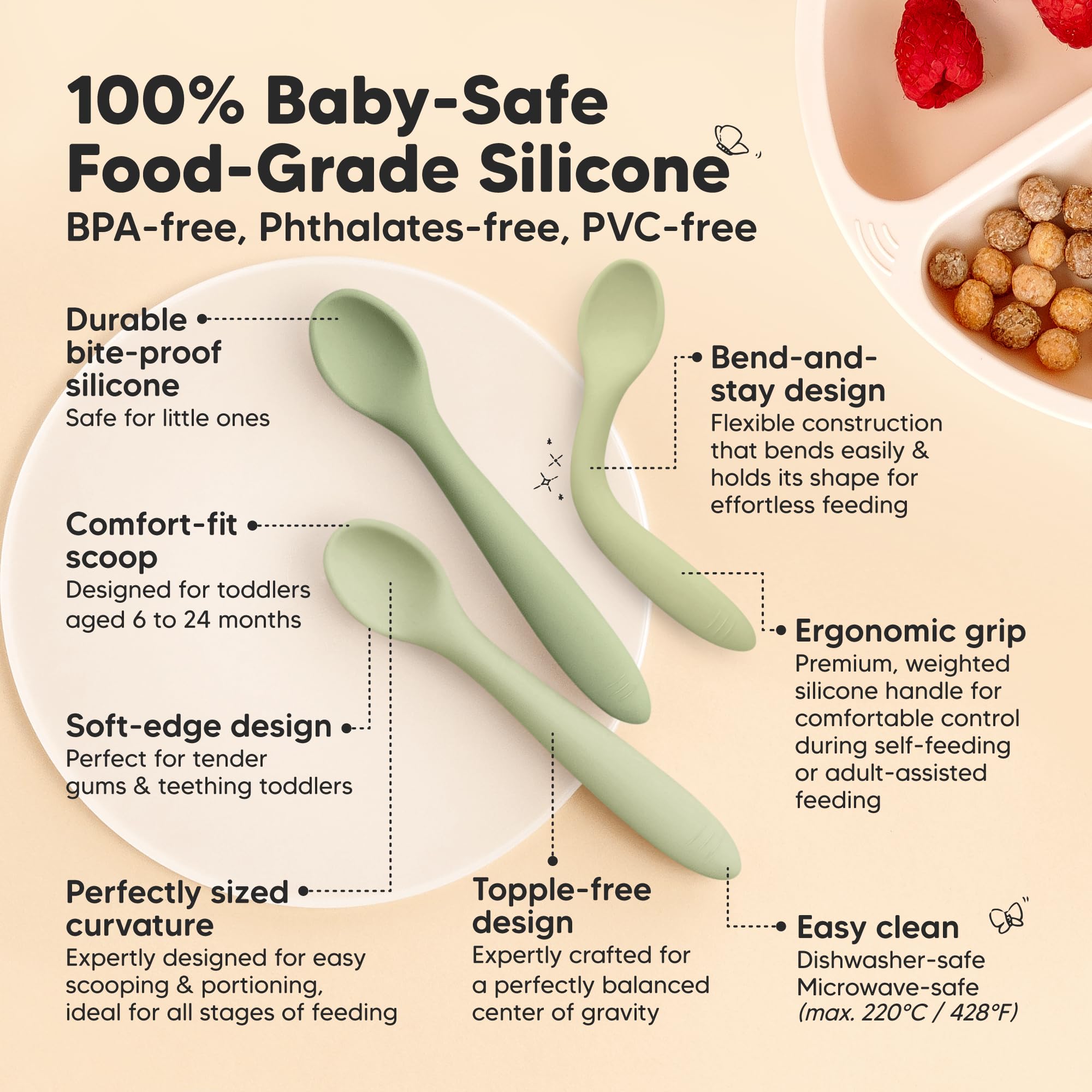 KeaBabies spoons feature bite-proof edges for teething-safe meals.