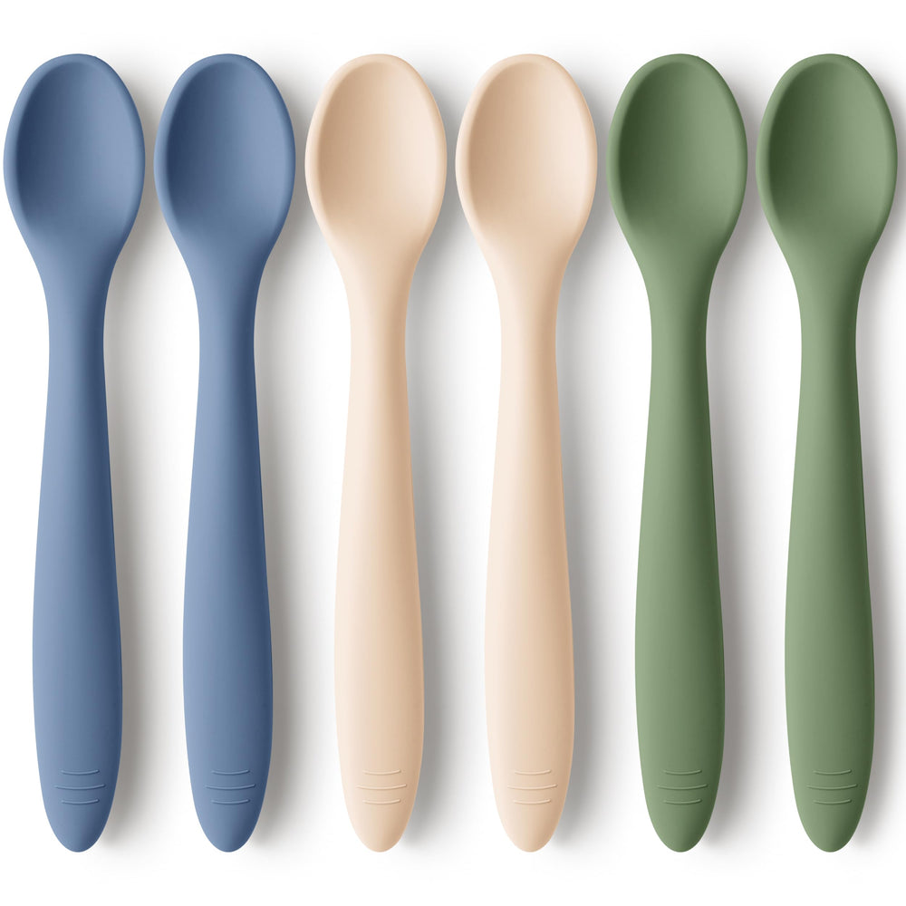 KeaBabies silicone spoons set for self-feeding, 6-pack, ideal for early meals.